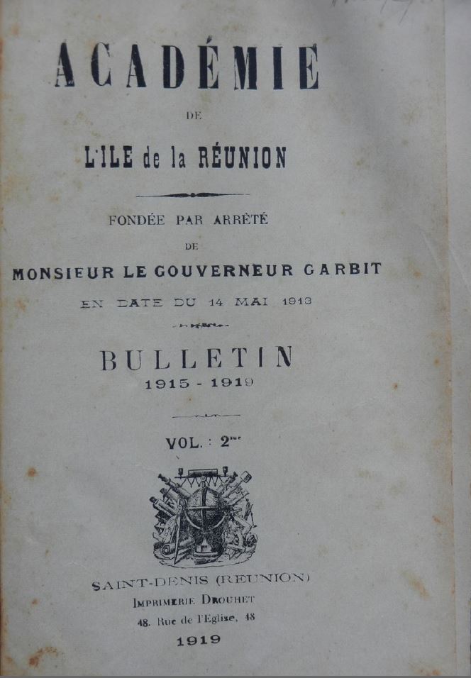 Couverture Bulletin de l'Académie de l'ile de la Réunion 1915-1919