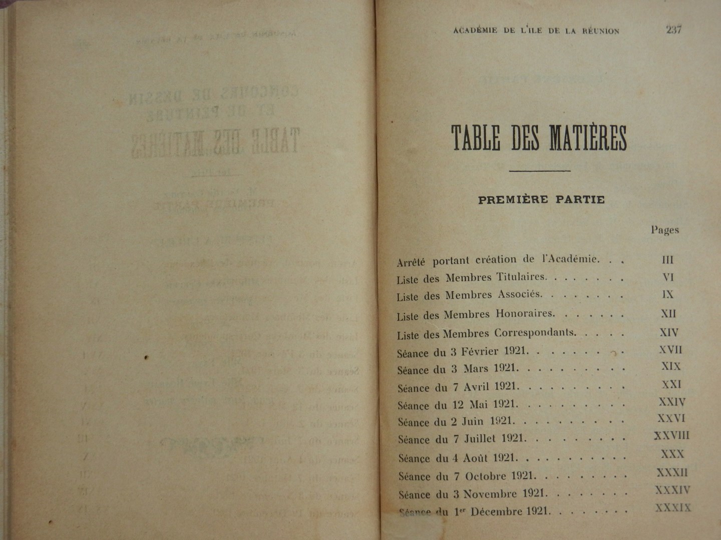 Sommaire du Bulletin de l'Académie de l'île de la Réunion 1921