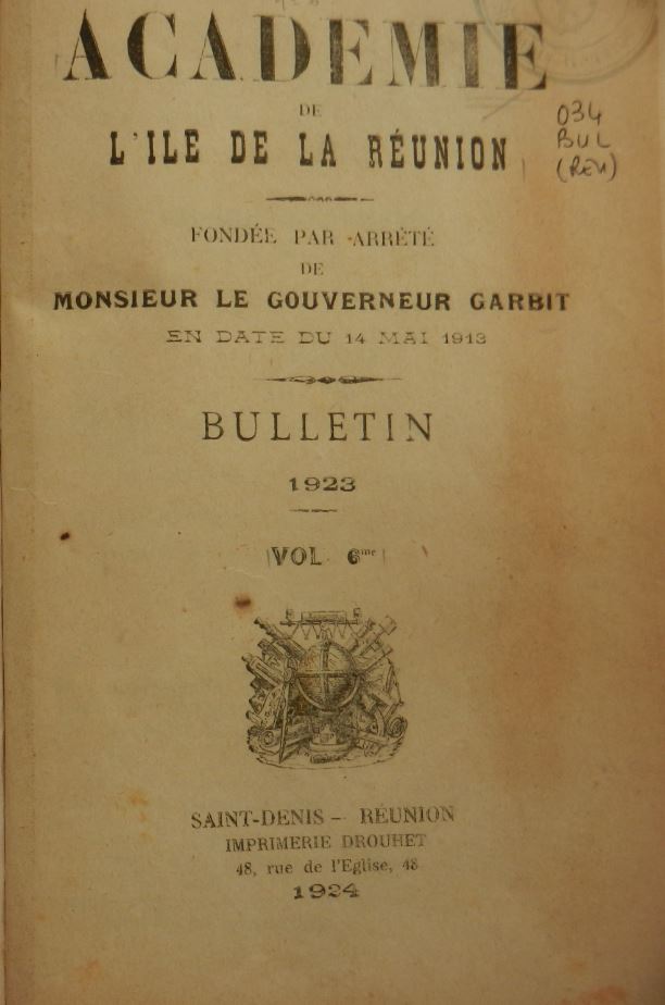 Couverture bulletin de l'Académie de l'île de La Réunion 1923