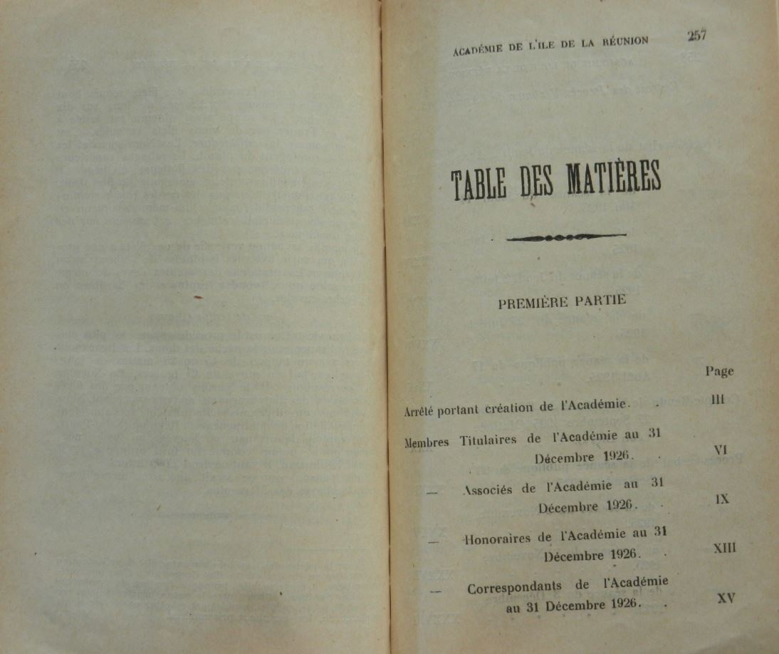 Sommaire Bulletin de l'Académie de l'île de La Réunion 1925-1926 (1)