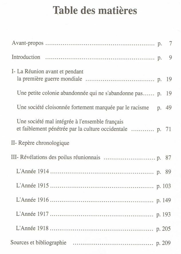 Table des matières du livre de Prosper Eve La Première Guerre mondiale vue par les poilus réunionnais